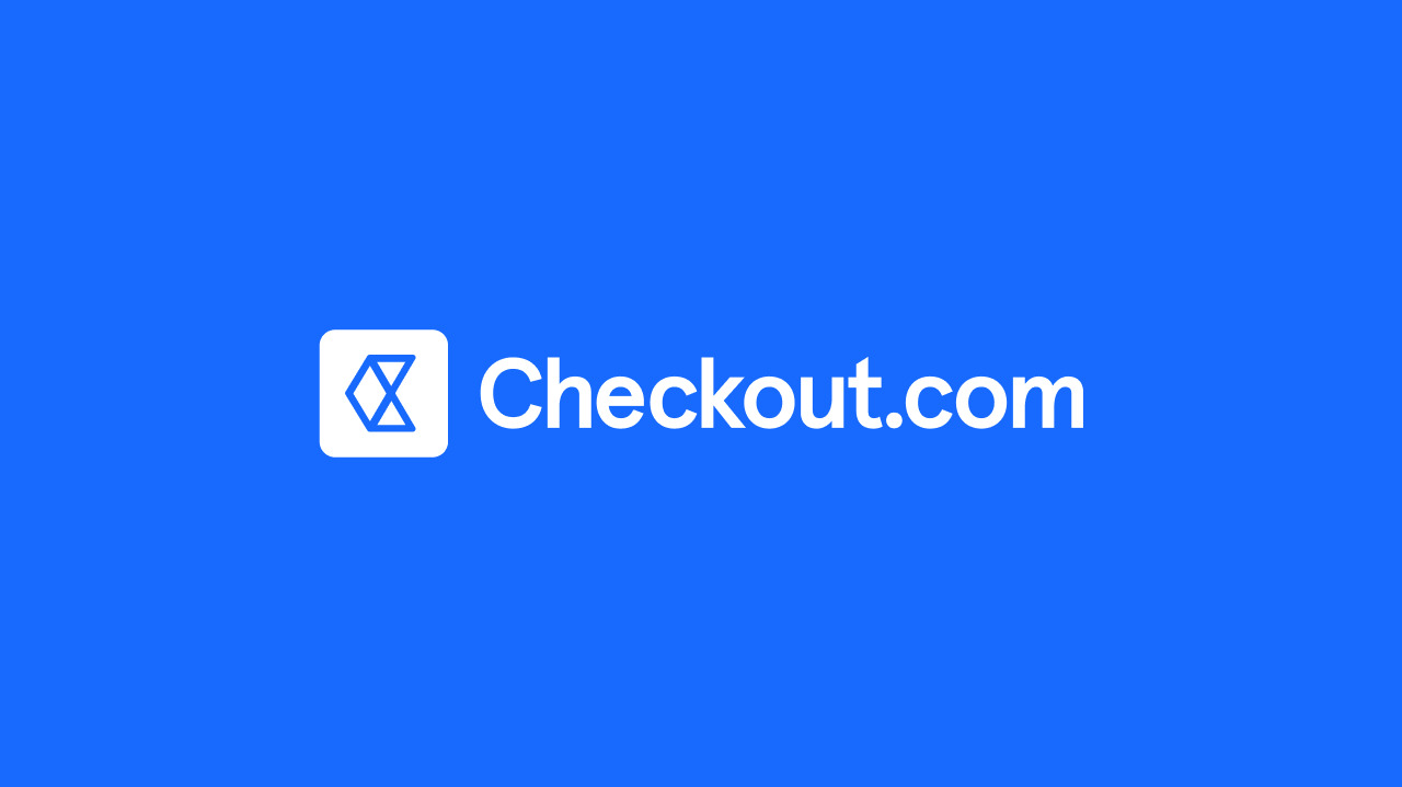 Checkout.com logo featuring a white wordmark and arrow symbol on a bright blue background.